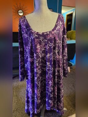 Woman Within 4X 34/36 Blouse Tunic Purple White Pink Black Hanky Hem Stretch EUC